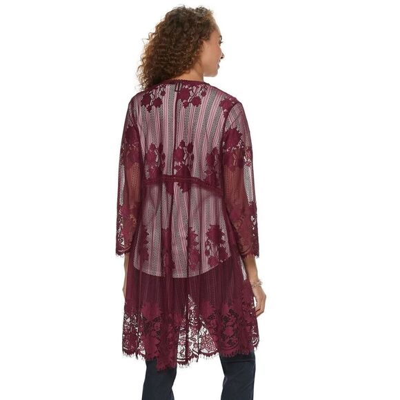 Miss Chievous Floral Lace Crochet Kimono Burgundy Brick Nylon Fall Boho Size M - Picture 2 of 9